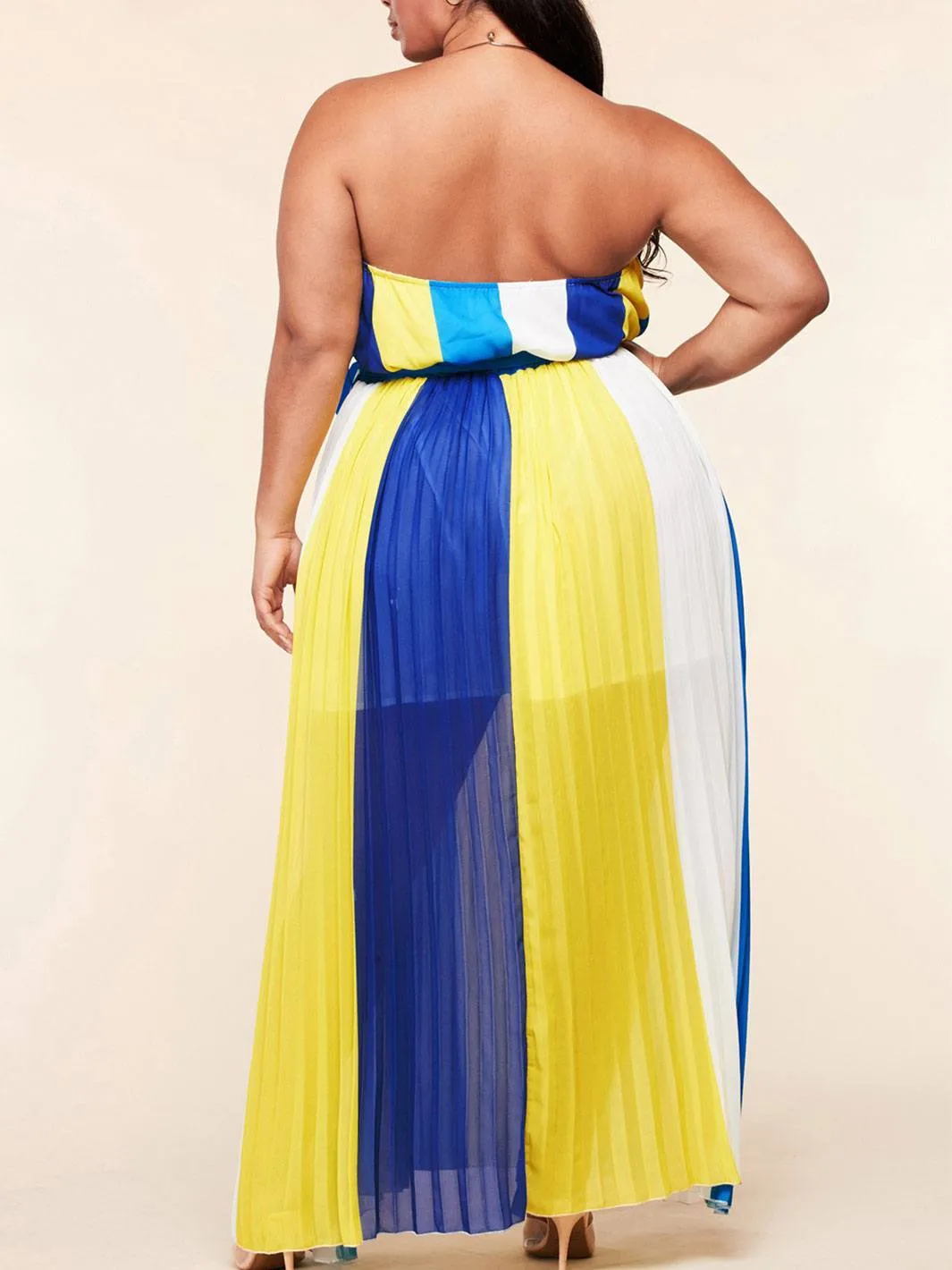 PLUS SIZE SLEEVELESS OPEN BACK COLORBLOCK PLEATED MAXI DRESS