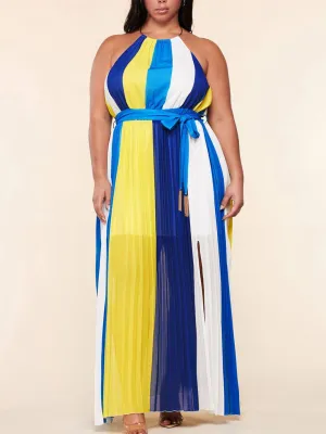 PLUS SIZE SLEEVELESS OPEN BACK COLORBLOCK PLEATED MAXI DRESS