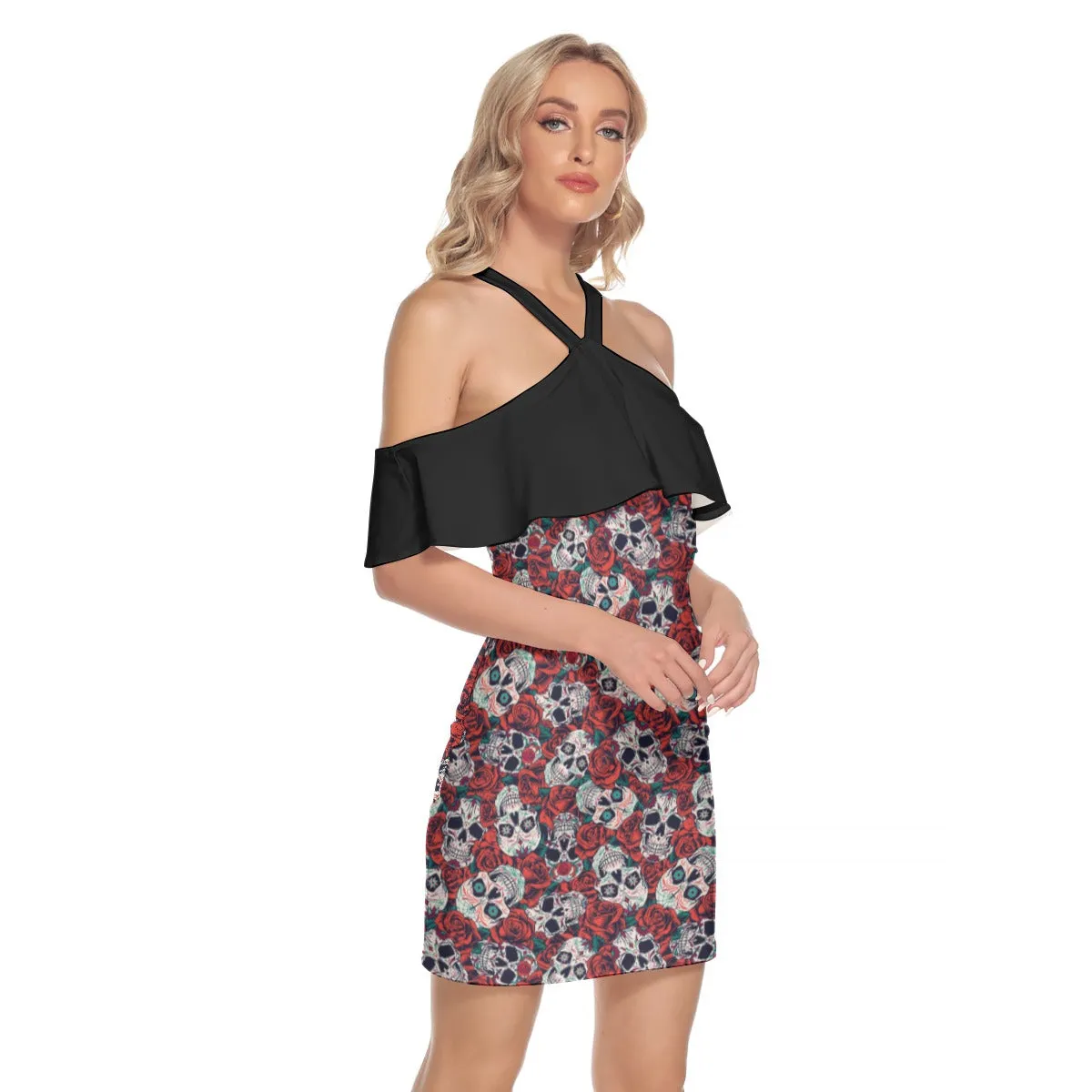 "Dia de Muertos in Roses" Women's Cold Shoulder Cami Dress With Ruffle