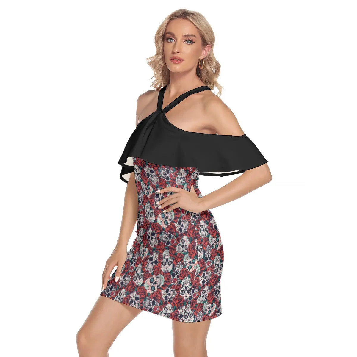 "Dia de Muertos in Roses" Women's Cold Shoulder Cami Dress With Ruffle