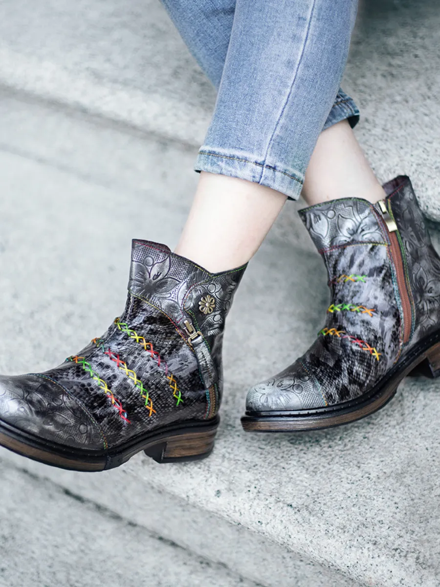 Rainbow Stitch Lily Embossed Genuine Leather Ankle Boots