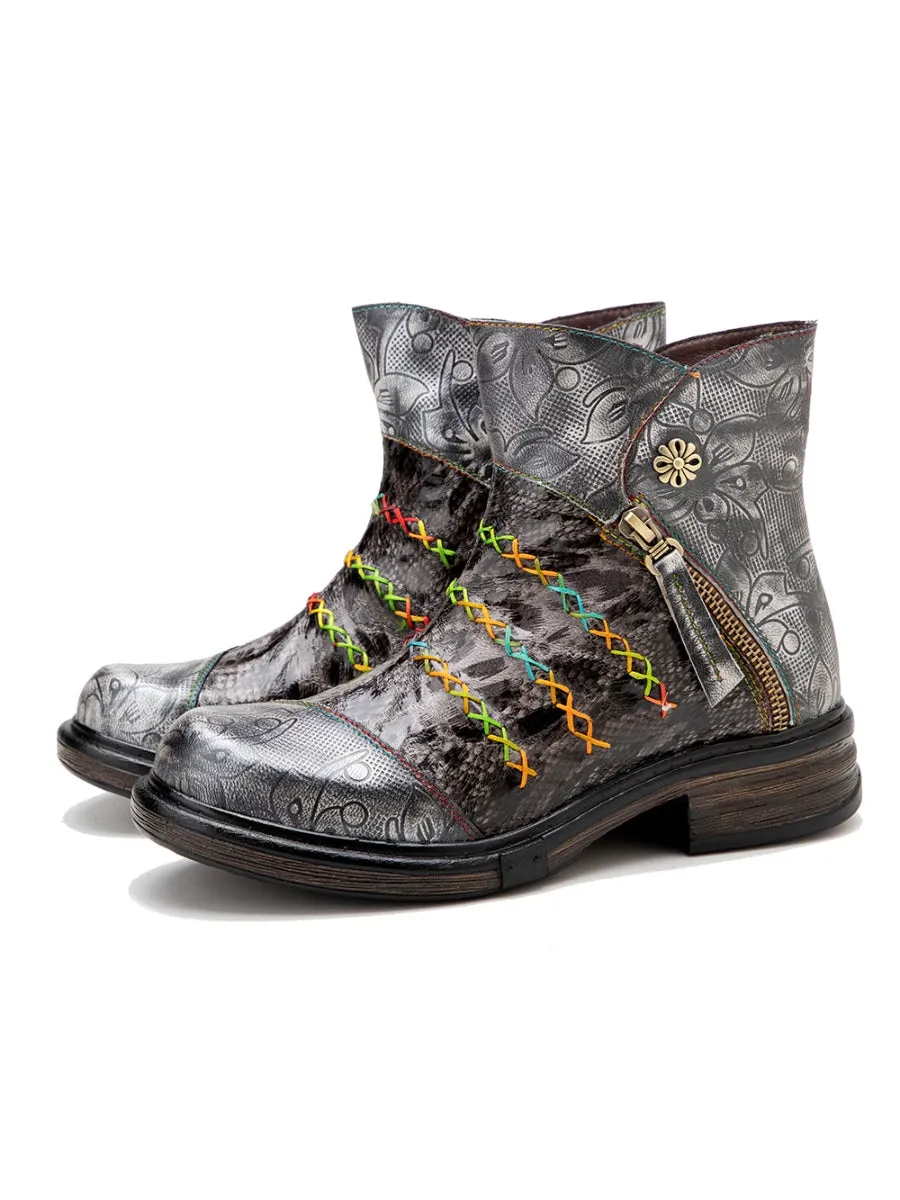 Rainbow Stitch Lily Embossed Genuine Leather Ankle Boots