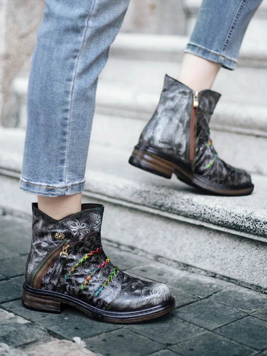 Rainbow Stitch Lily Embossed Genuine Leather Ankle Boots
