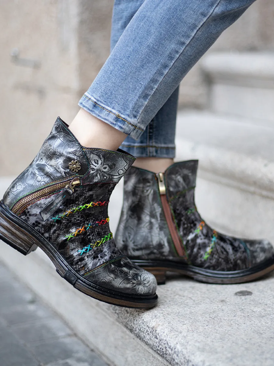 Rainbow Stitch Lily Embossed Genuine Leather Ankle Boots