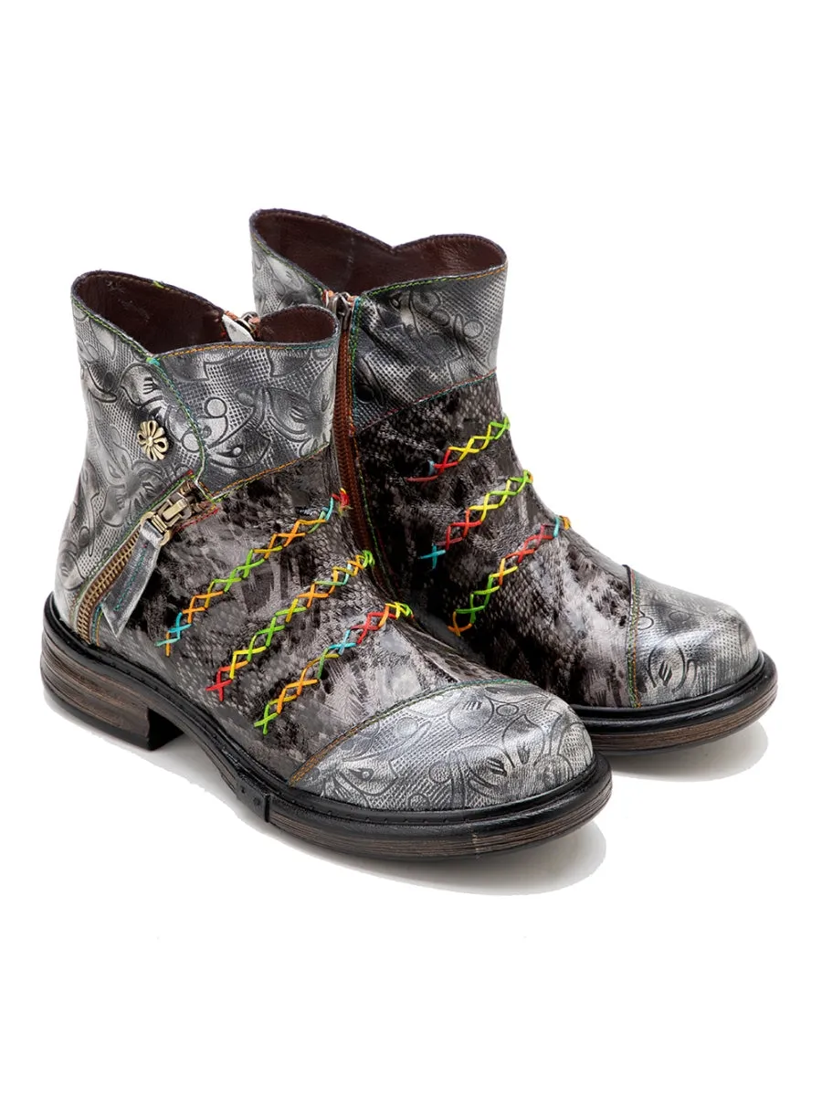 Rainbow Stitch Lily Embossed Genuine Leather Ankle Boots