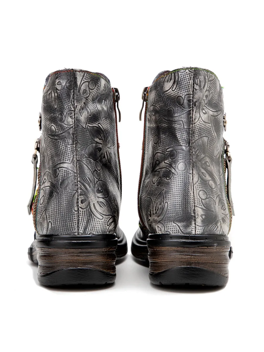 Rainbow Stitch Lily Embossed Genuine Leather Ankle Boots