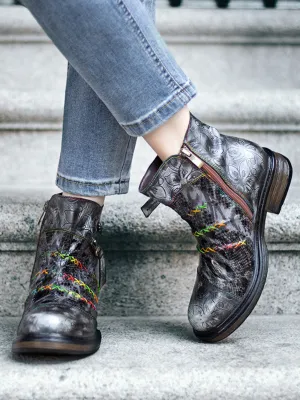 Rainbow Stitch Lily Embossed Genuine Leather Ankle Boots