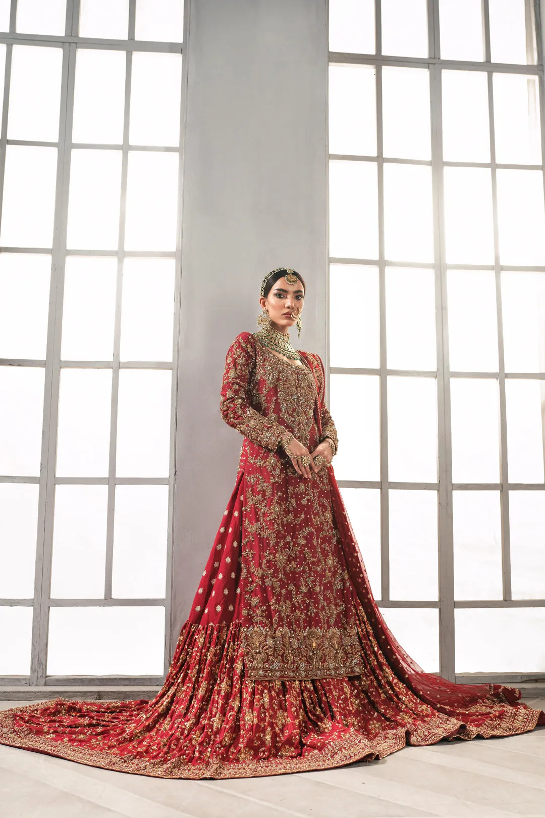 Red Pakistani Bridal Dress in Sharara Kameez Style