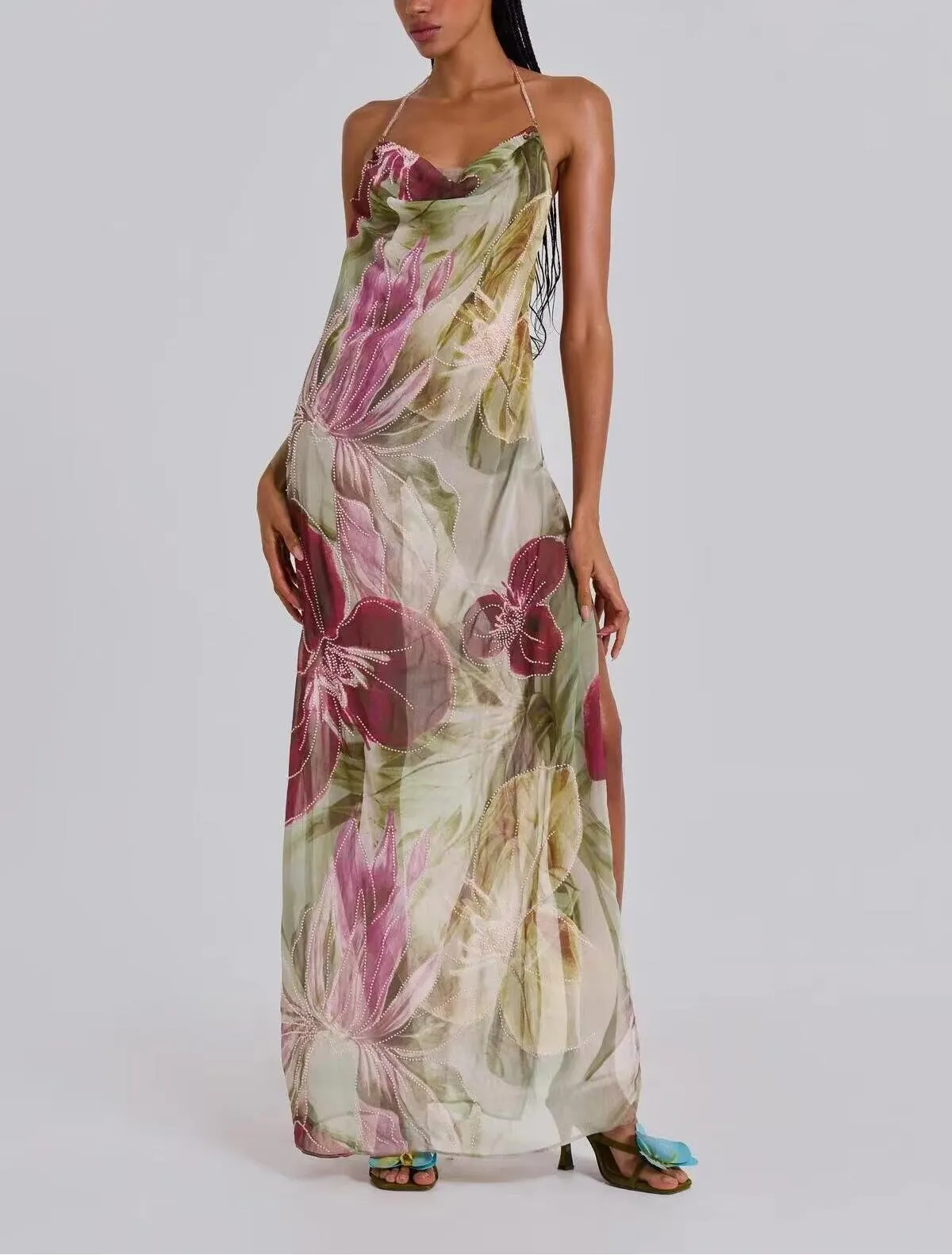 Retro Leaves Elastic Printing Summer Halter Dress