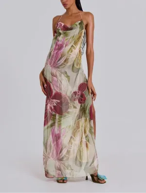 Retro Leaves Elastic Printing Summer Halter Dress