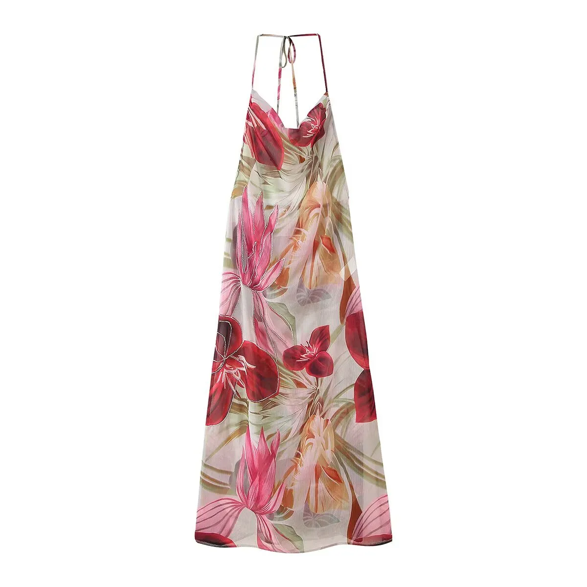 Retro Leaves Elastic Printing Summer Halter Dress