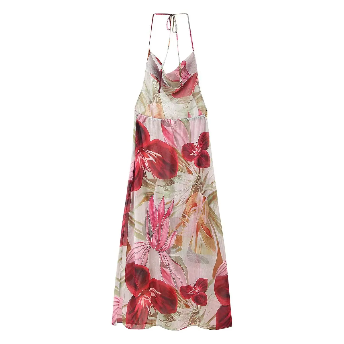 Retro Leaves Elastic Printing Summer Halter Dress