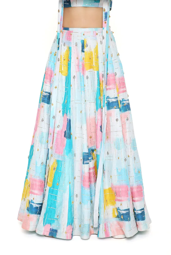 SANDRO PAINTERLY DUPION SILK PRINTED EMBROIDERED TOP WITH LEHENGA