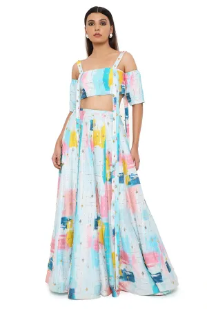 SANDRO PAINTERLY DUPION SILK PRINTED EMBROIDERED TOP WITH LEHENGA