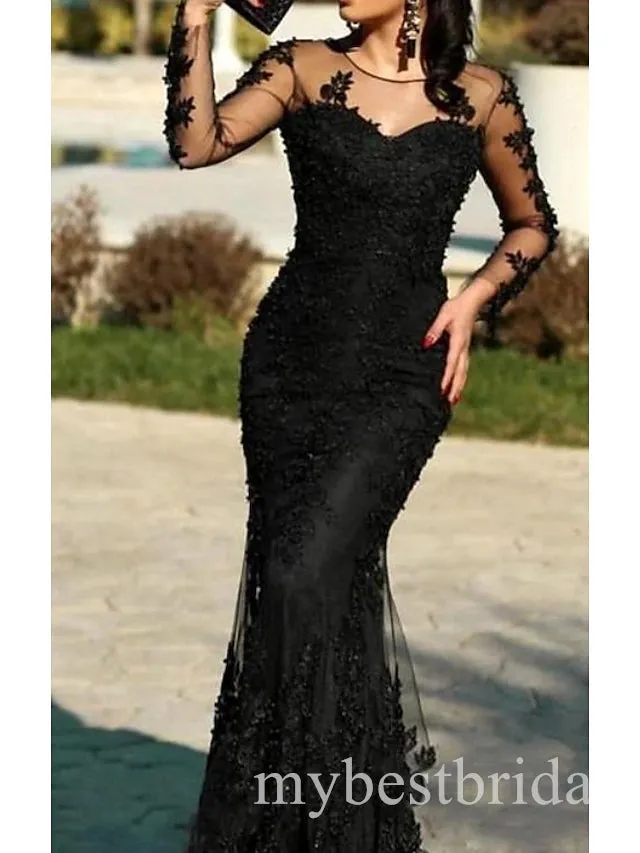 Sexy Black Sweetheart Long Sleeves Mermaid Long Prom Dress,PDS11693