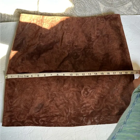 Siena Studio Brown Embossed Scroll Suede Genuine Leather Mini Skirt- Size 10