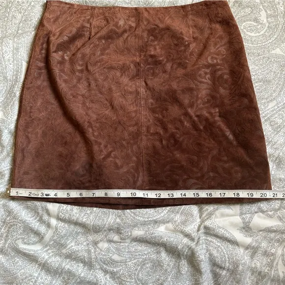 Siena Studio Brown Embossed Scroll Suede Genuine Leather Mini Skirt- Size 10