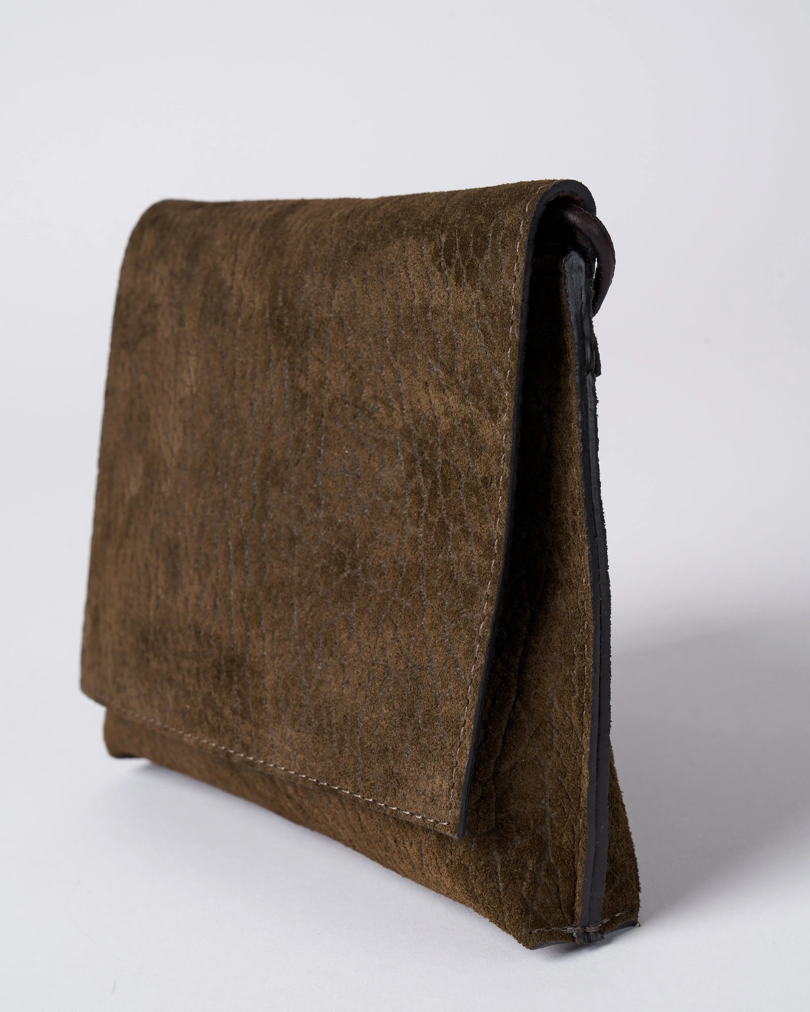 strappy foldover - olive embossed suede