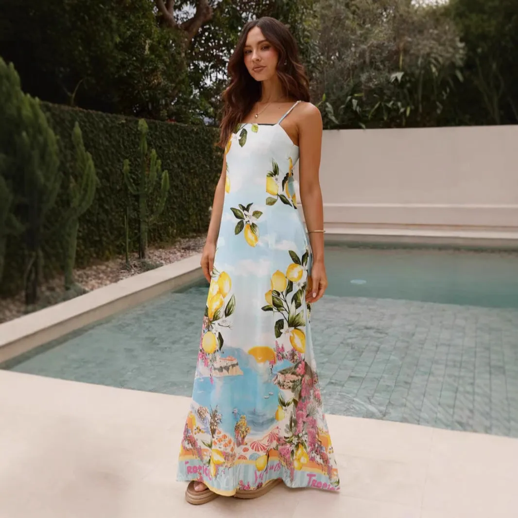 Summer French Elegant Printing Strap Dress