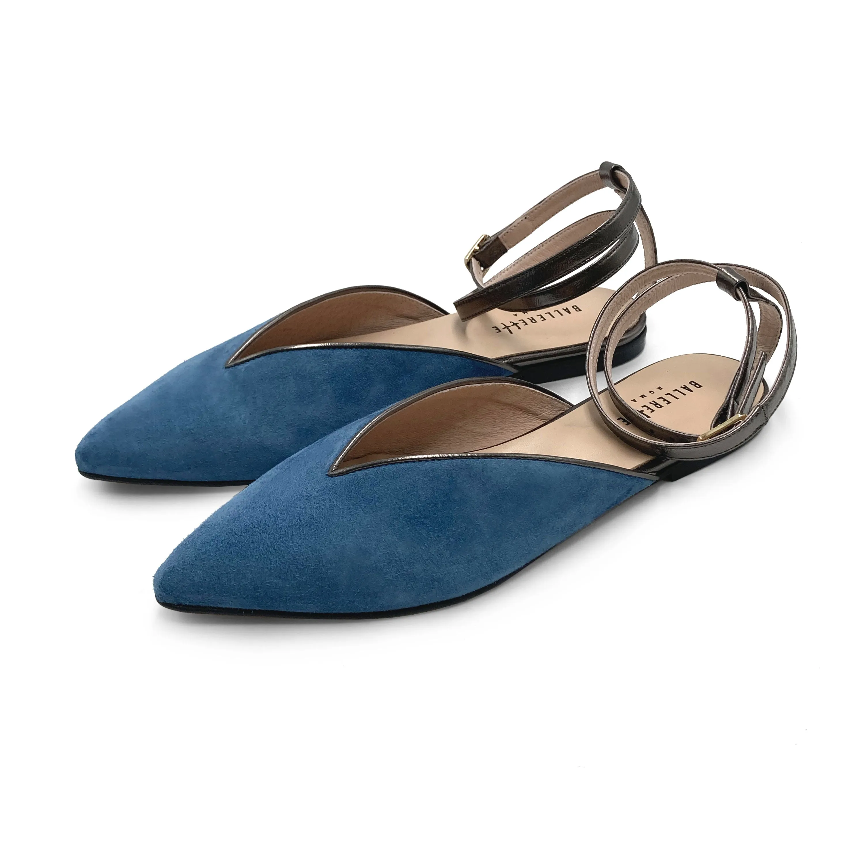 Summer Mule Shoes in Cerulean Suede with Metallic Iron Ankle Tie