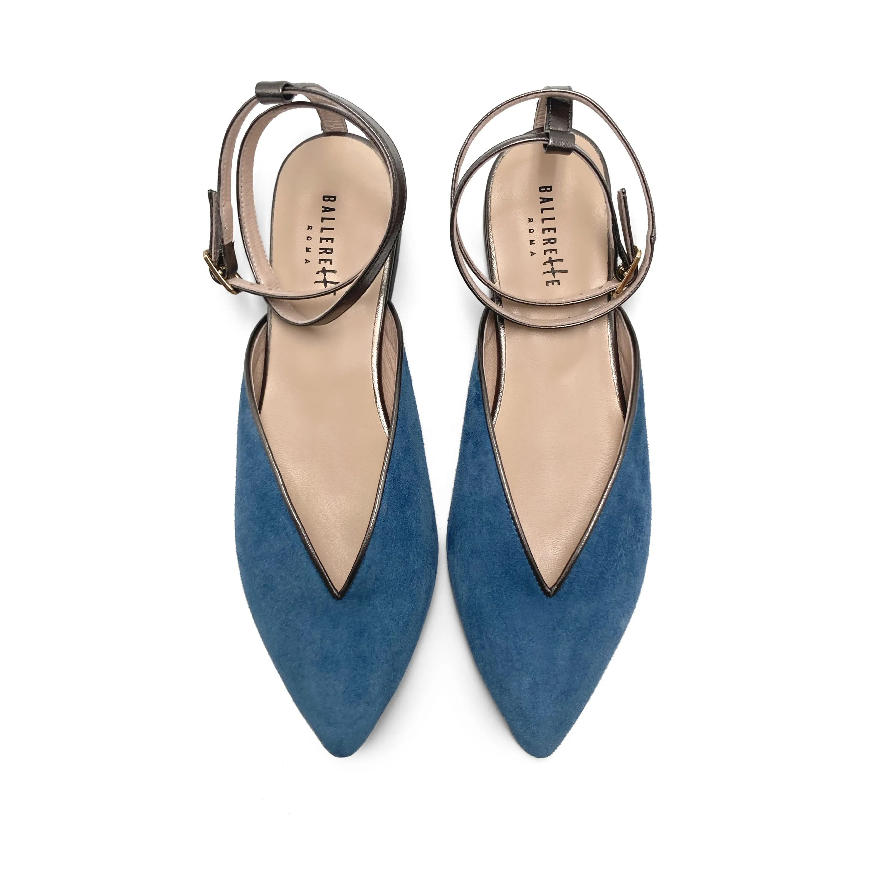 Summer Mule Shoes in Cerulean Suede with Metallic Iron Ankle Tie