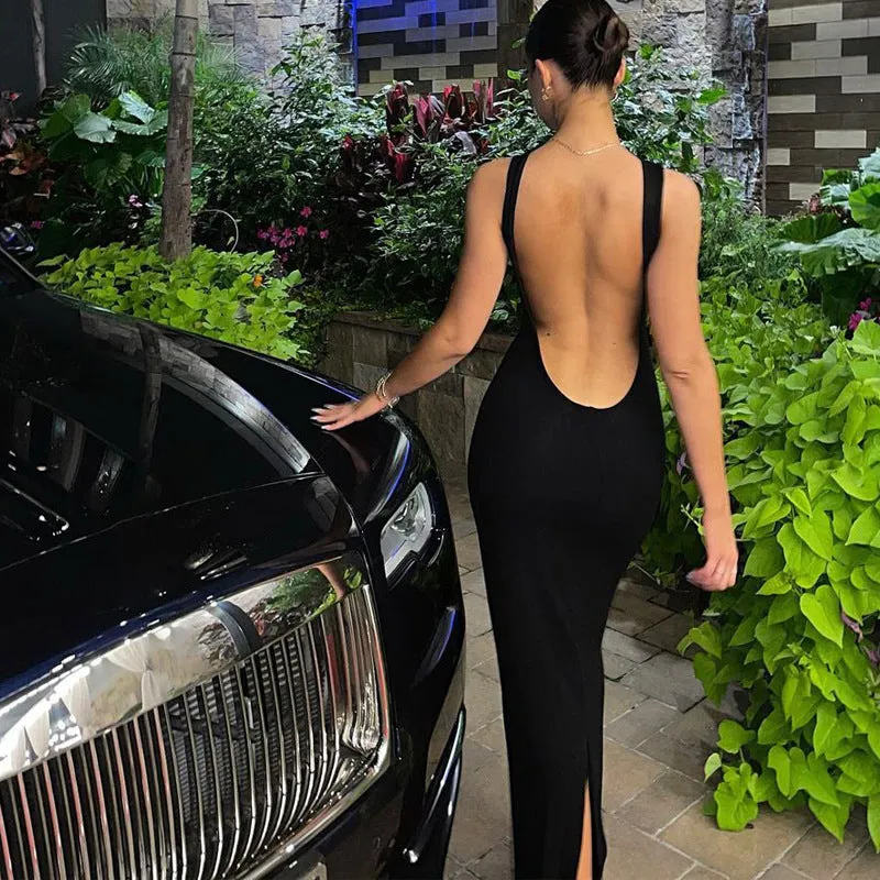Summer Sleeveless Backless Slim Fit Elegant Dress Solid Color Split Hem Bodycon Long Dress Satin Slim Fit Long Dress C240507-1
