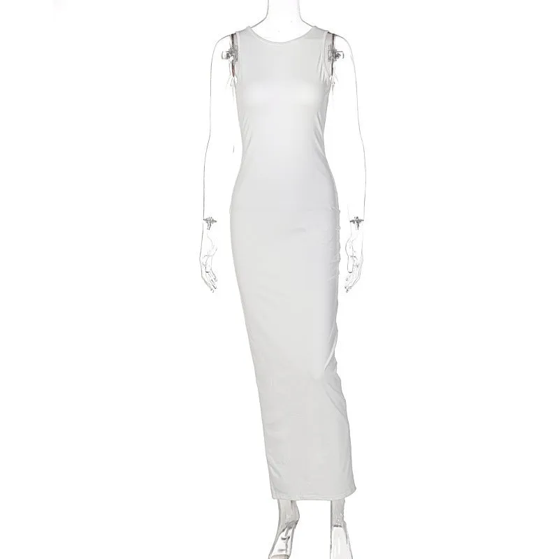Summer Sleeveless Backless Slim Fit Elegant Dress Solid Color Split Hem Bodycon Long Dress Satin Slim Fit Long Dress C240507-1