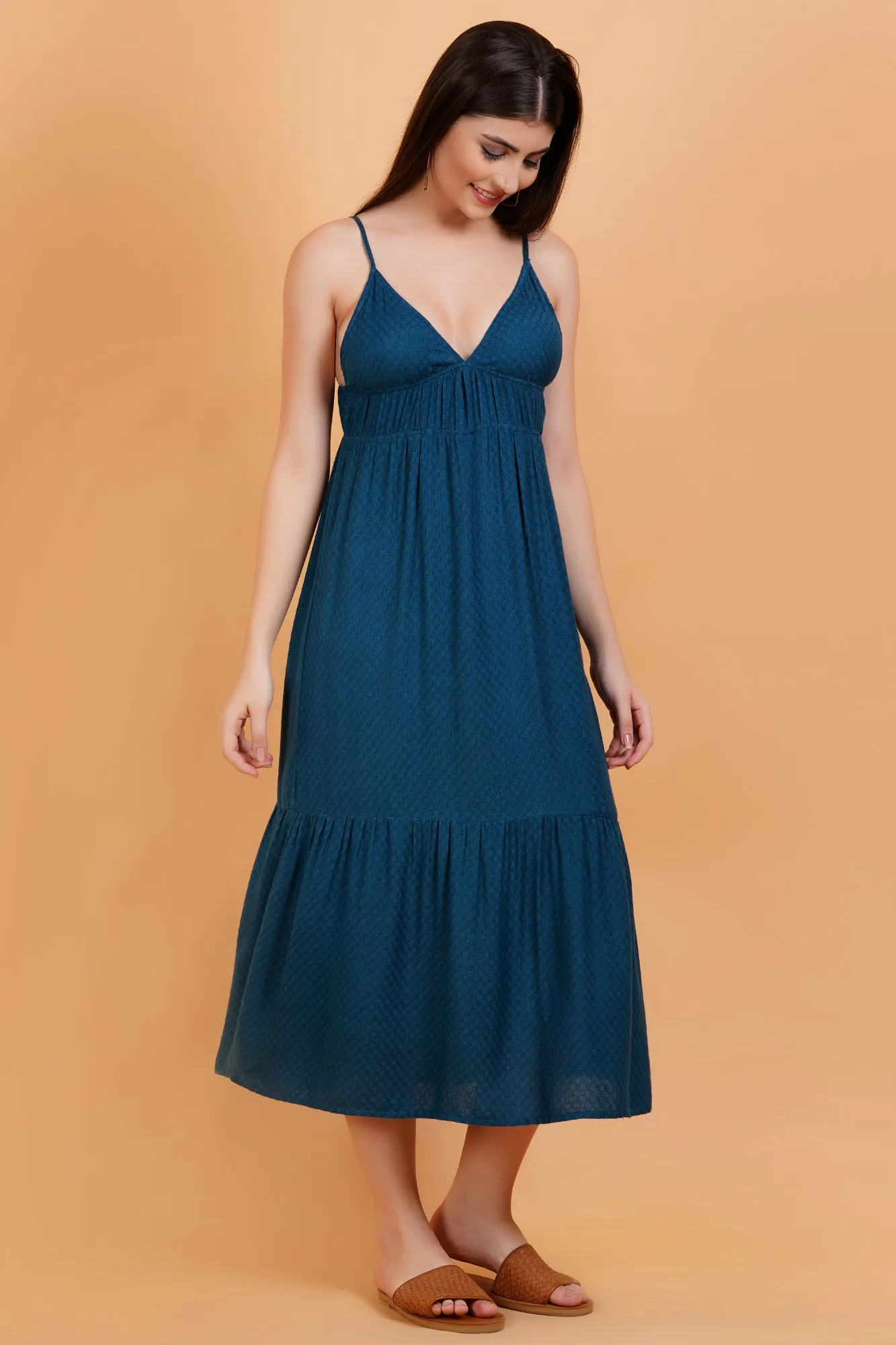 Teal Solid Self Design V-Neck Strappy Maxi Dress