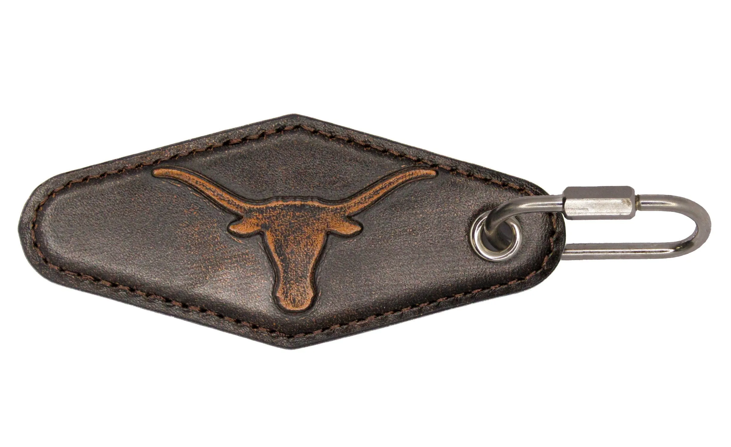 Texas Longhorns Collegiate Vintage Full Grain Leather Key Fob. Brown Burnished and Tan Embossed Key Ring.