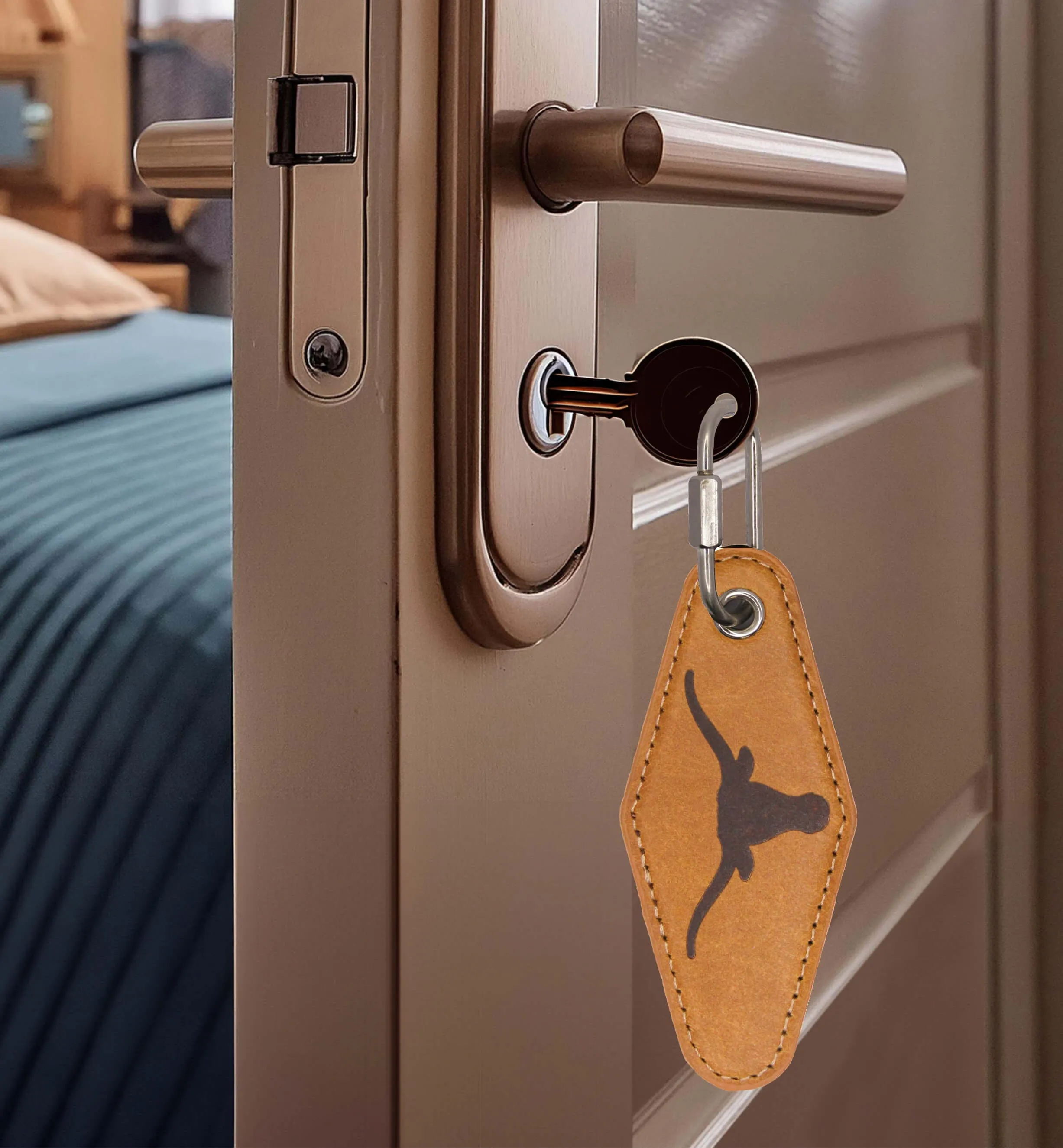 Texas Longhorns Collegiate Vintage Full Grain Leather Key Fob. Brown Burnished and Tan Embossed Key Ring.