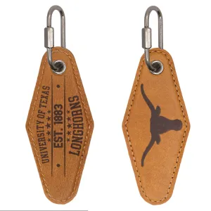 Texas Longhorns Collegiate Vintage Full Grain Leather Key Fob. Brown Burnished and Tan Embossed Key Ring.