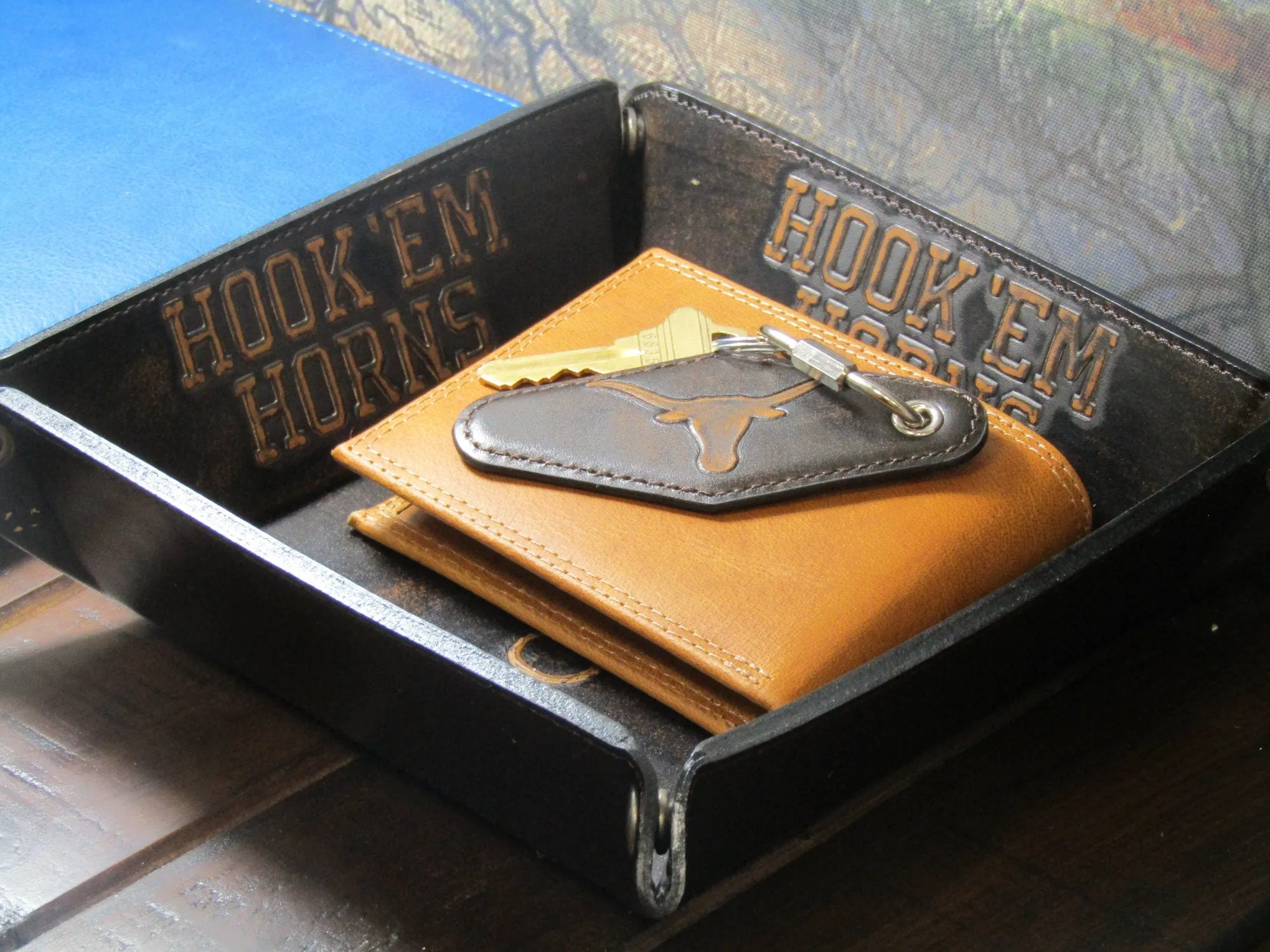 Texas Longhorns Collegiate Vintage Full Grain Leather Key Fob. Brown Burnished and Tan Embossed Key Ring.