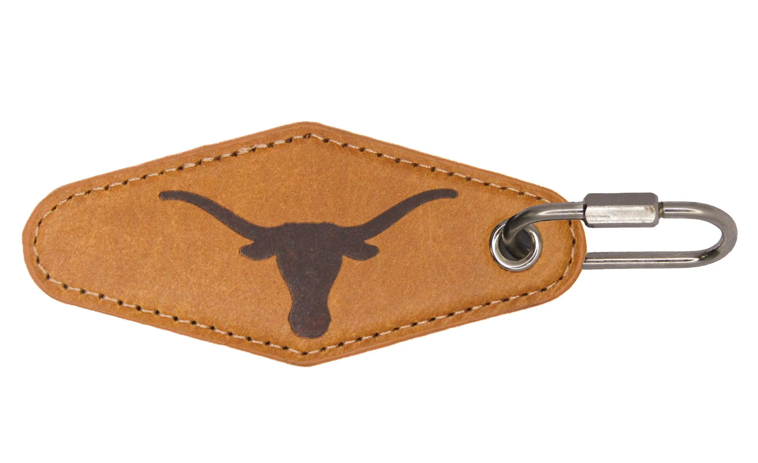 Texas Longhorns Collegiate Vintage Full Grain Leather Key Fob. Brown Burnished and Tan Embossed Key Ring.