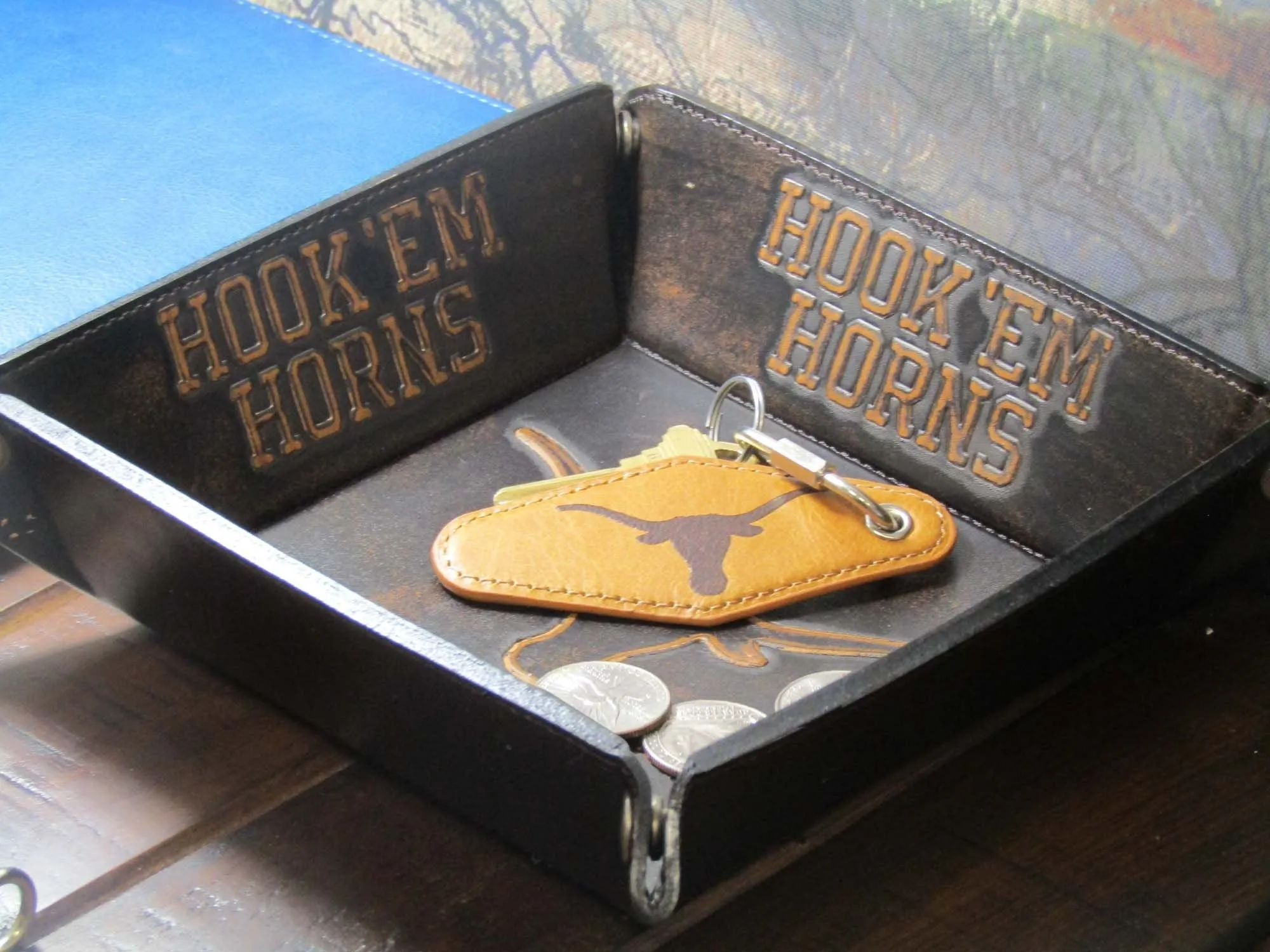 Texas Longhorns Collegiate Vintage Full Grain Leather Key Fob. Brown Burnished and Tan Embossed Key Ring.