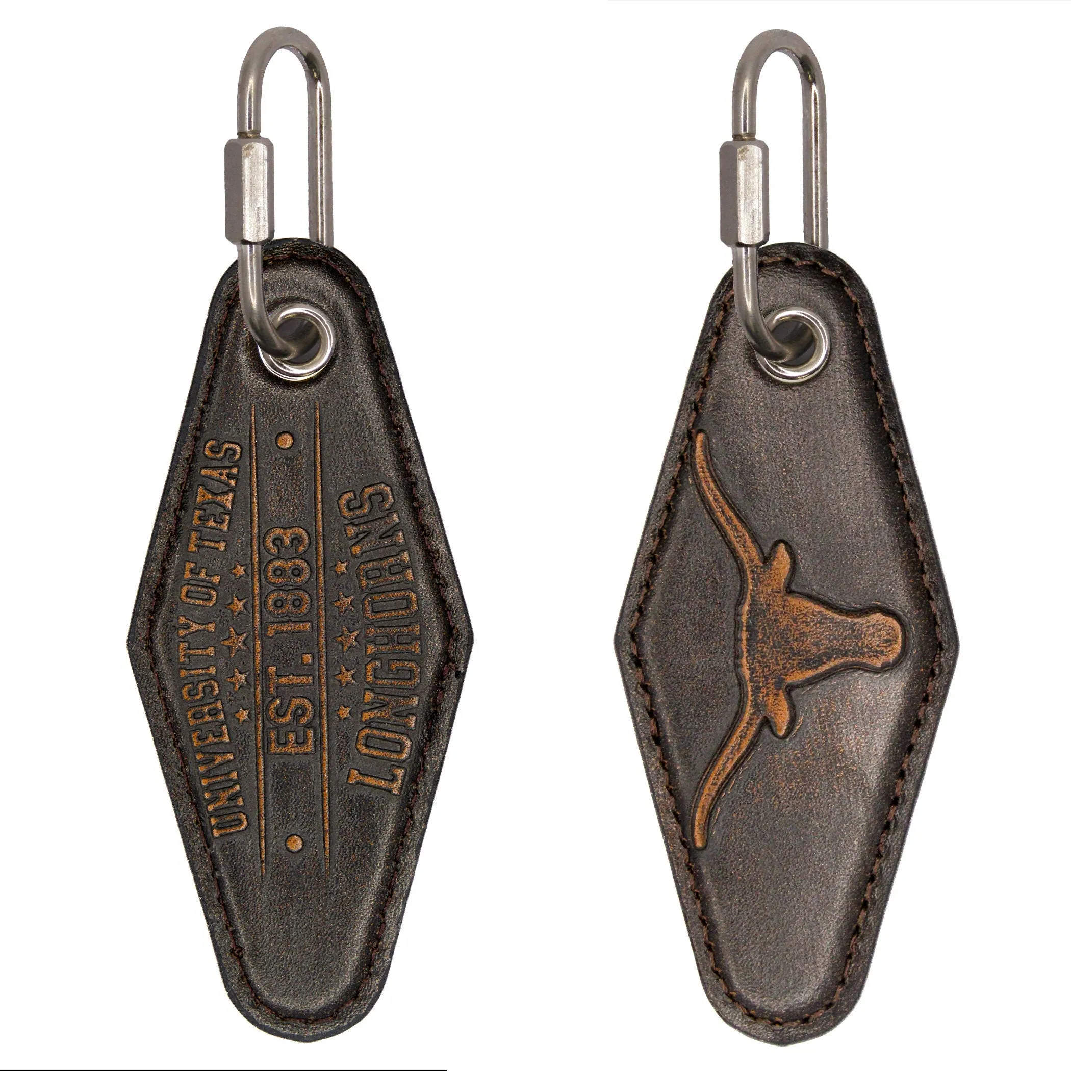 Texas Longhorns Collegiate Vintage Full Grain Leather Key Fob. Brown Burnished and Tan Embossed Key Ring.