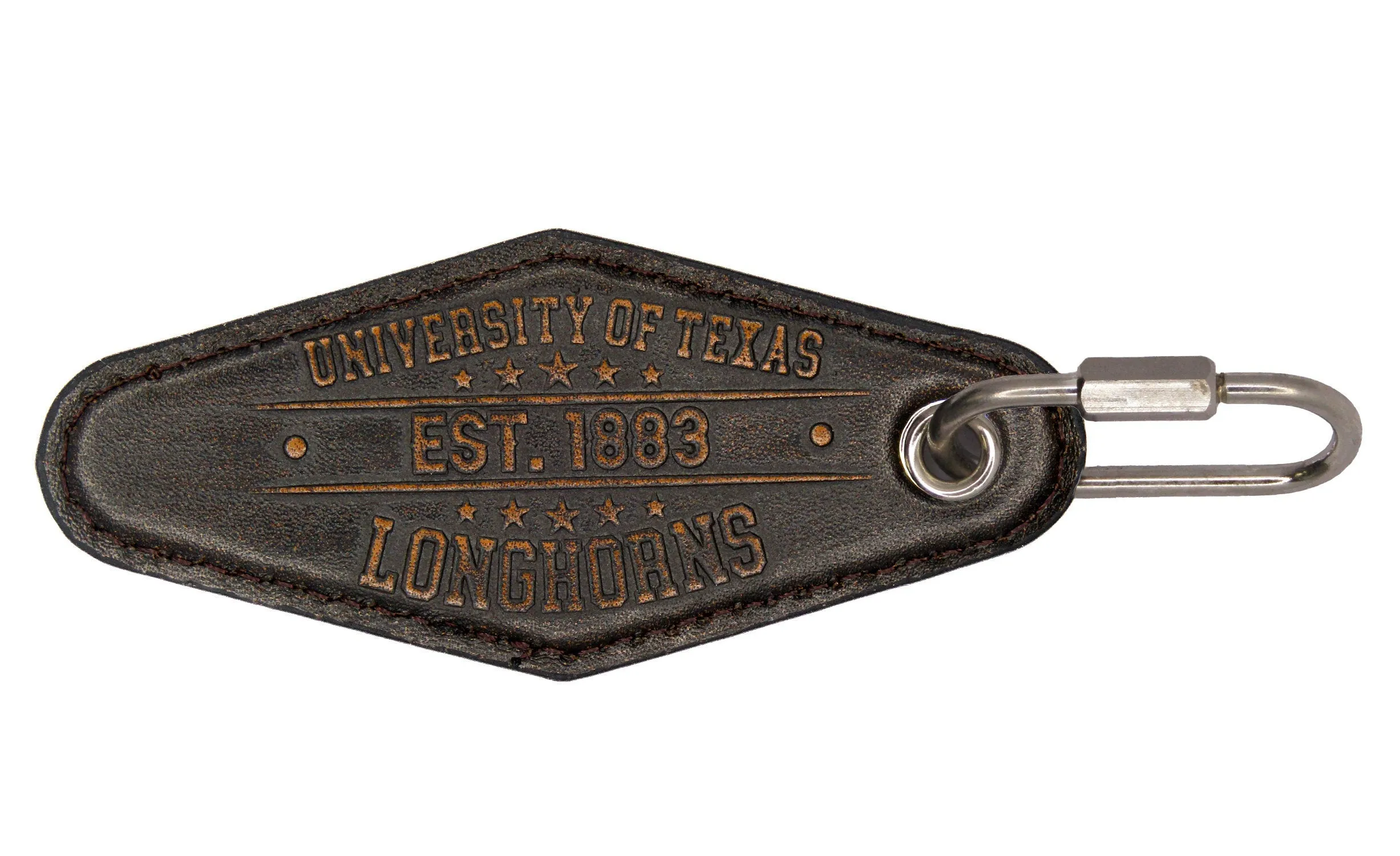 Texas Longhorns Collegiate Vintage Full Grain Leather Key Fob. Brown Burnished and Tan Embossed Key Ring.