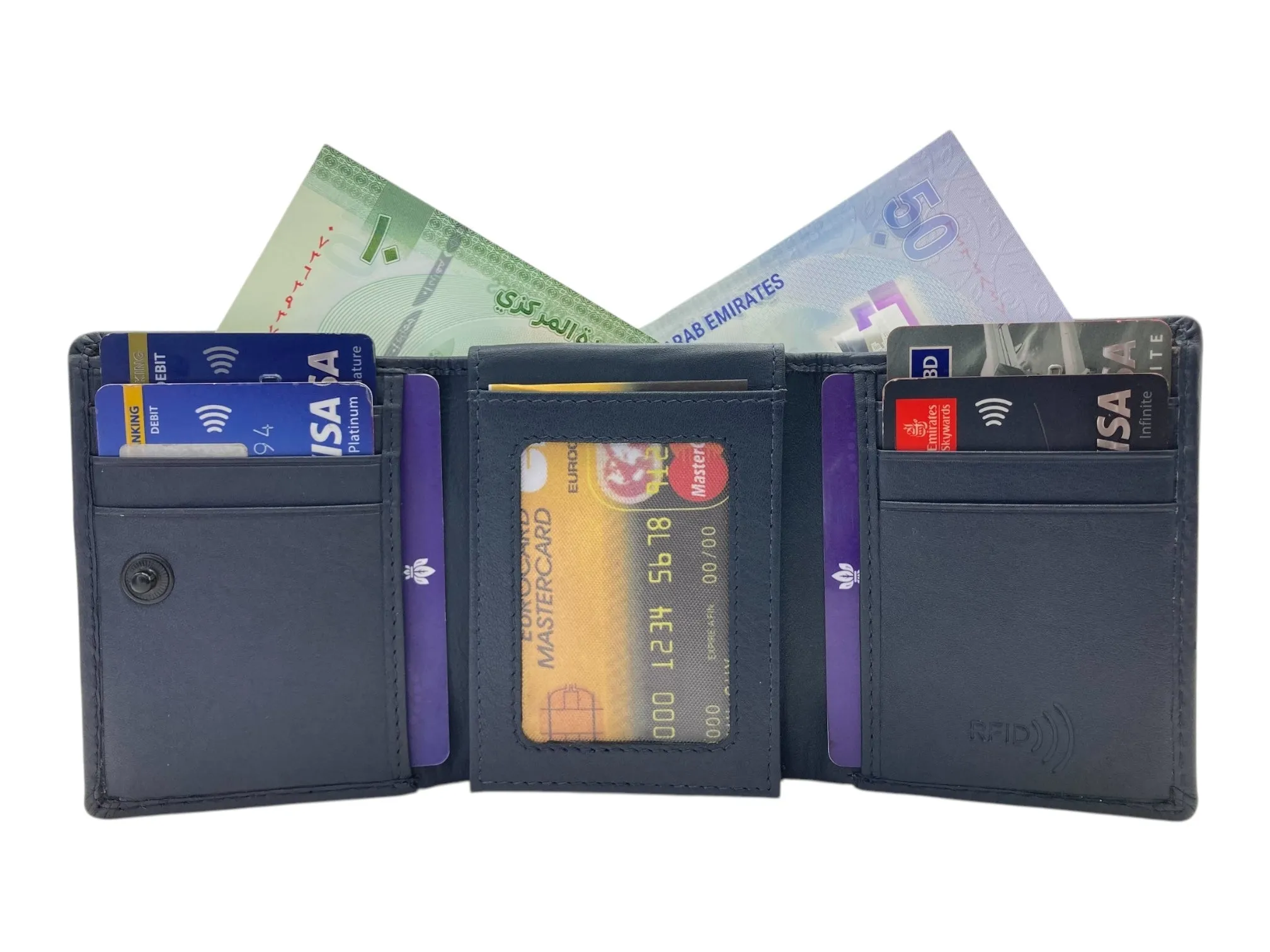 Trifold Wallet RFID Slim Wallets 10 Card Double Stitch # 1159 [Button]