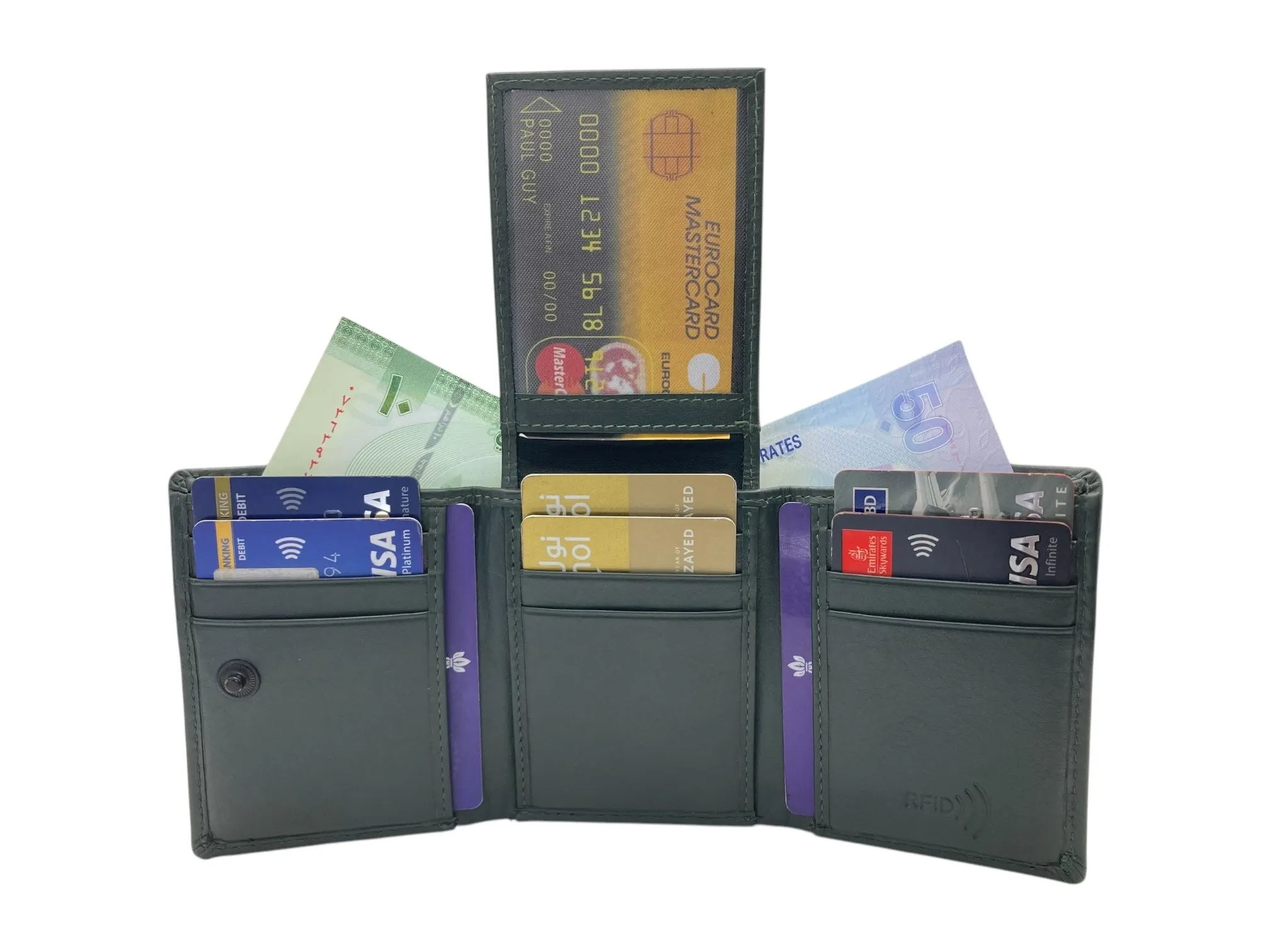 Trifold Wallet RFID Slim Wallets 10 Card Double Stitch # 1159 [Button]