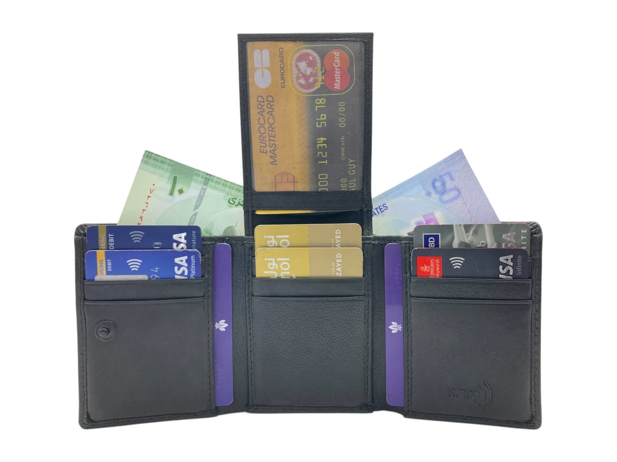 Trifold Wallet RFID Slim Wallets 10 Card Double Stitch # 1159 [Button]