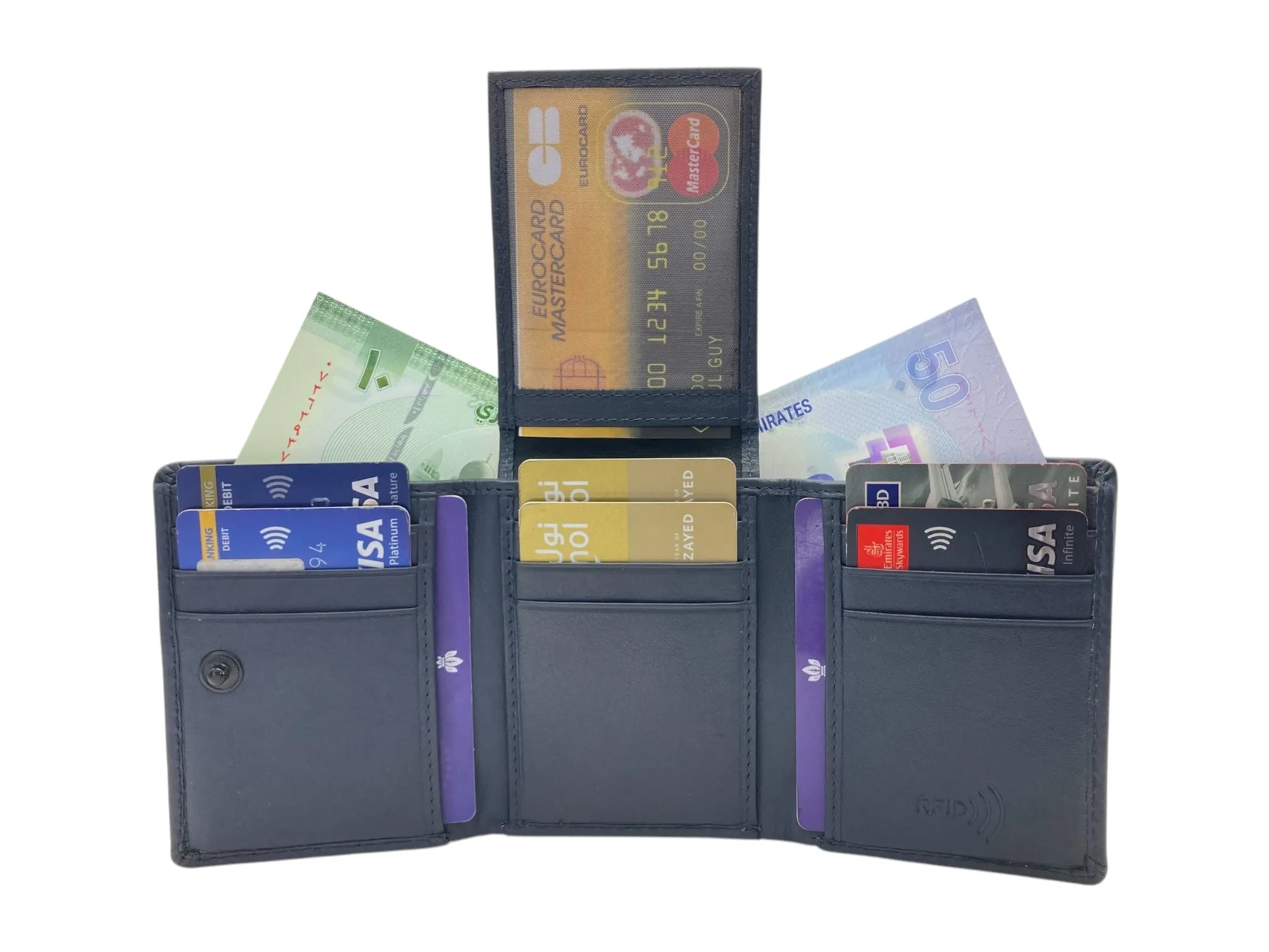 Trifold Wallet RFID Slim Wallets 10 Card Double Stitch # 1159 [Button]