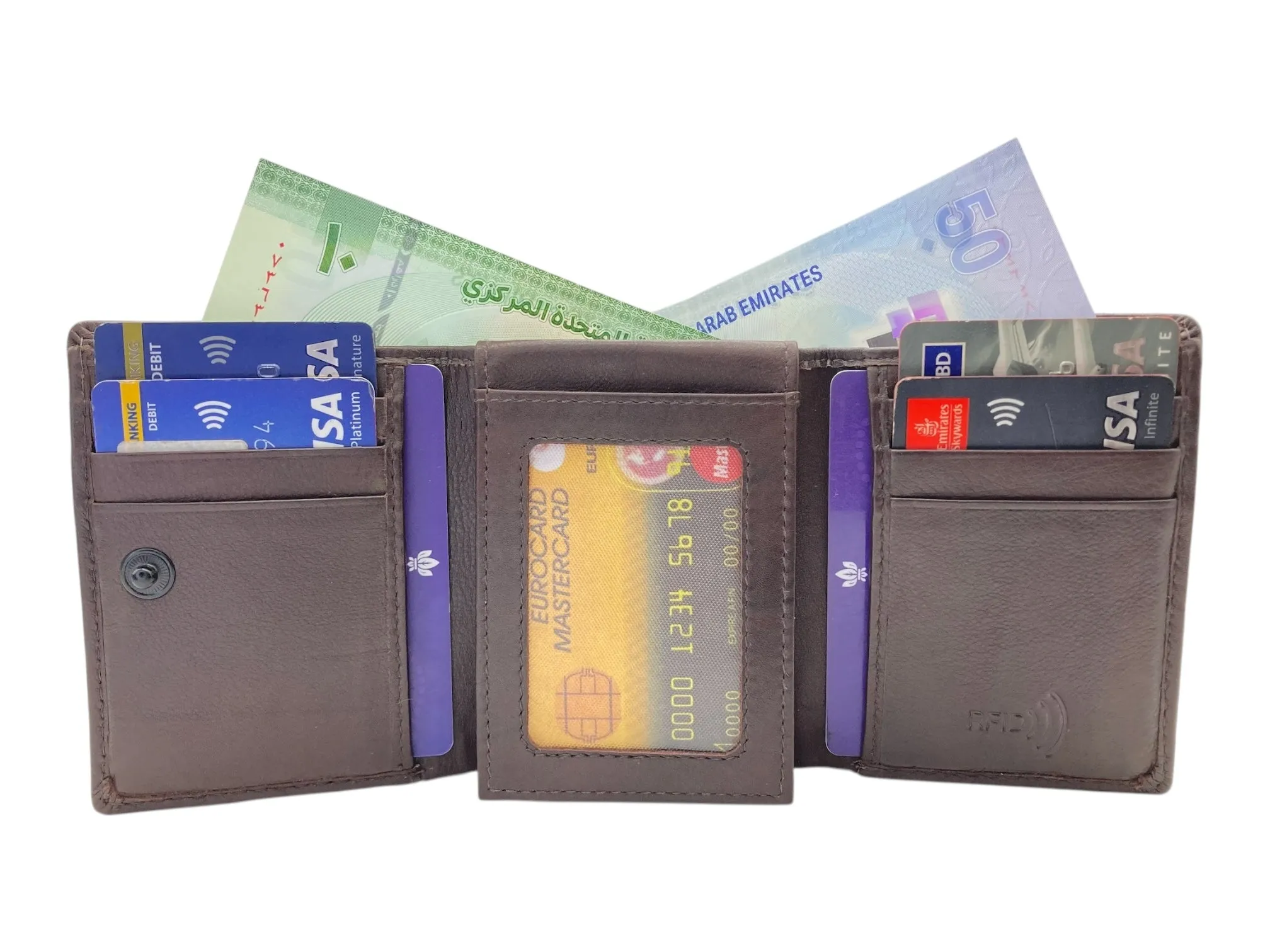 Trifold Wallet RFID Slim Wallets 10 Card Double Stitch # 1159 [Button]