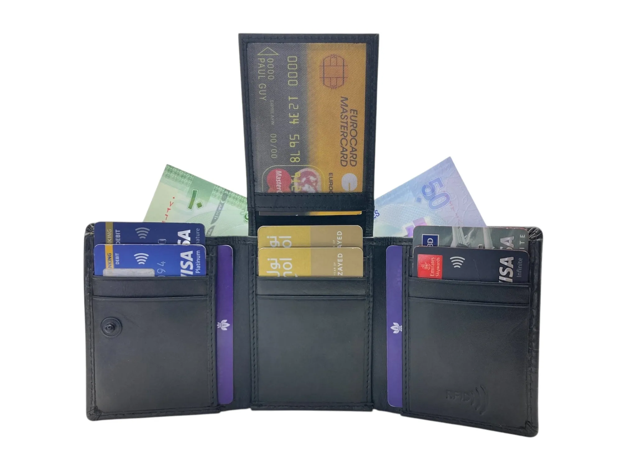 Trifold Wallet RFID Slim Wallets 10 Card Double Stitch # 1159 [Button]