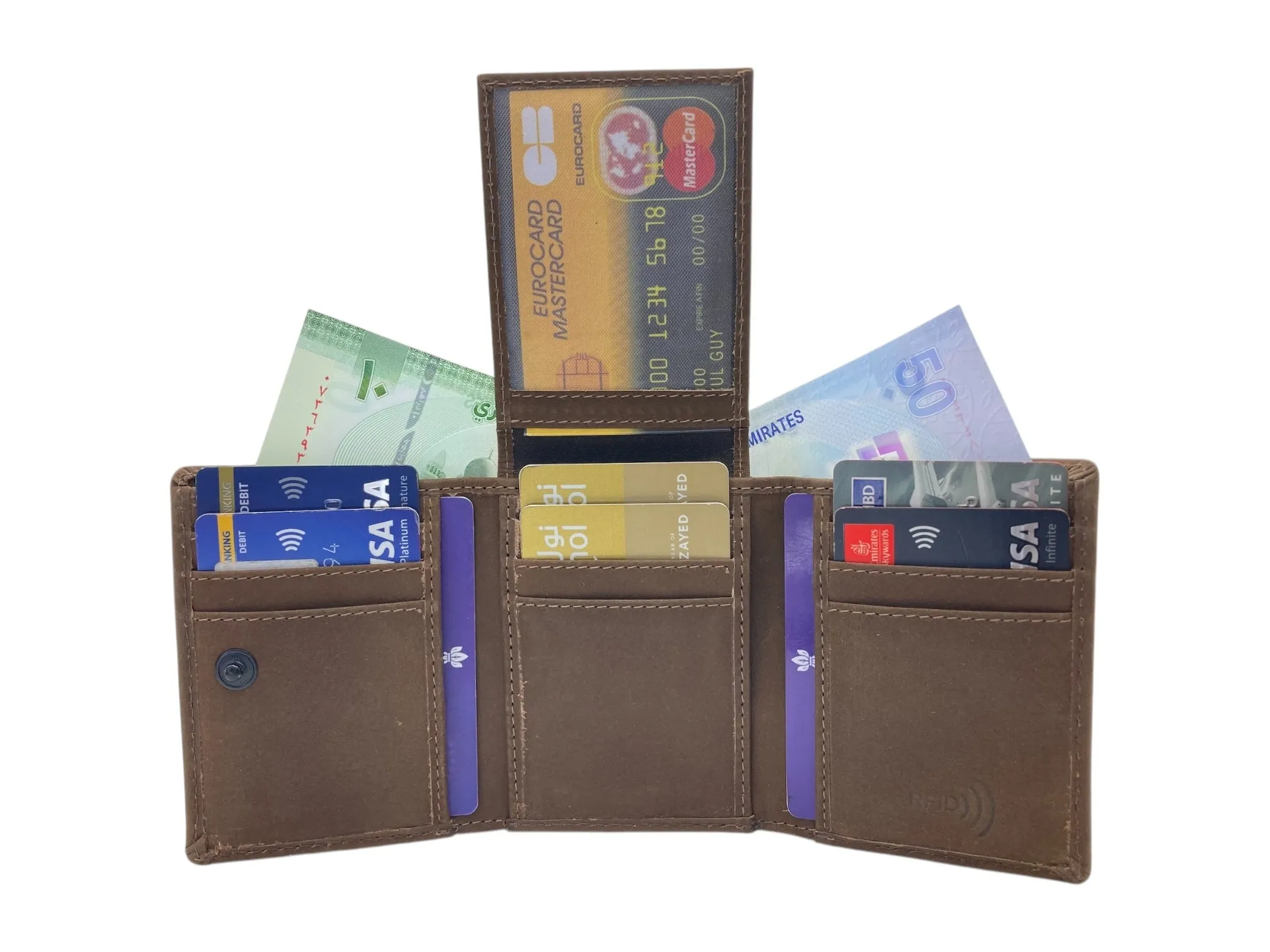 Trifold Wallet RFID Slim Wallets 10 Card Double Stitch # 1159 [Button]