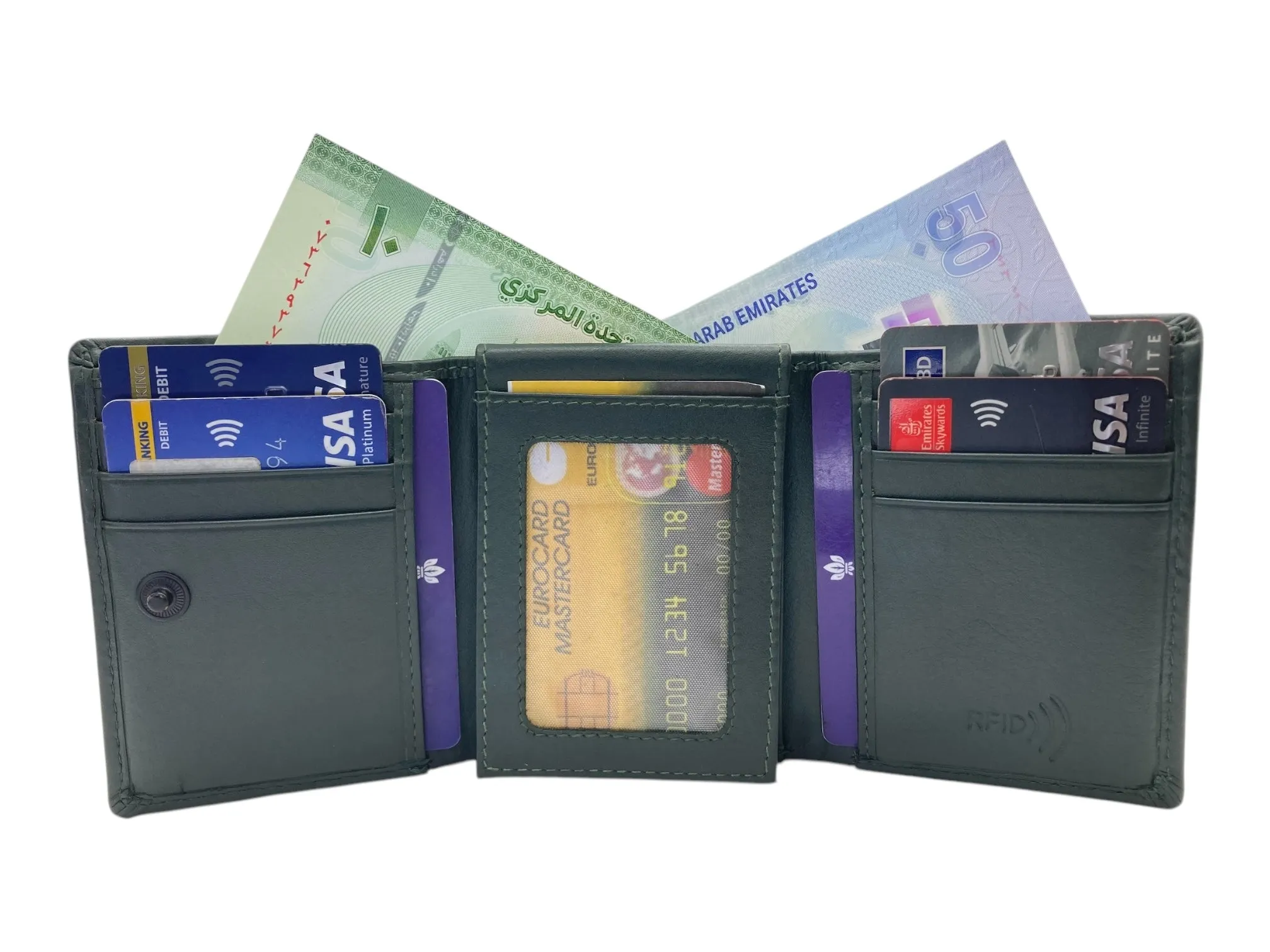 Trifold Wallet RFID Slim Wallets 10 Card Double Stitch # 1159 [Button]