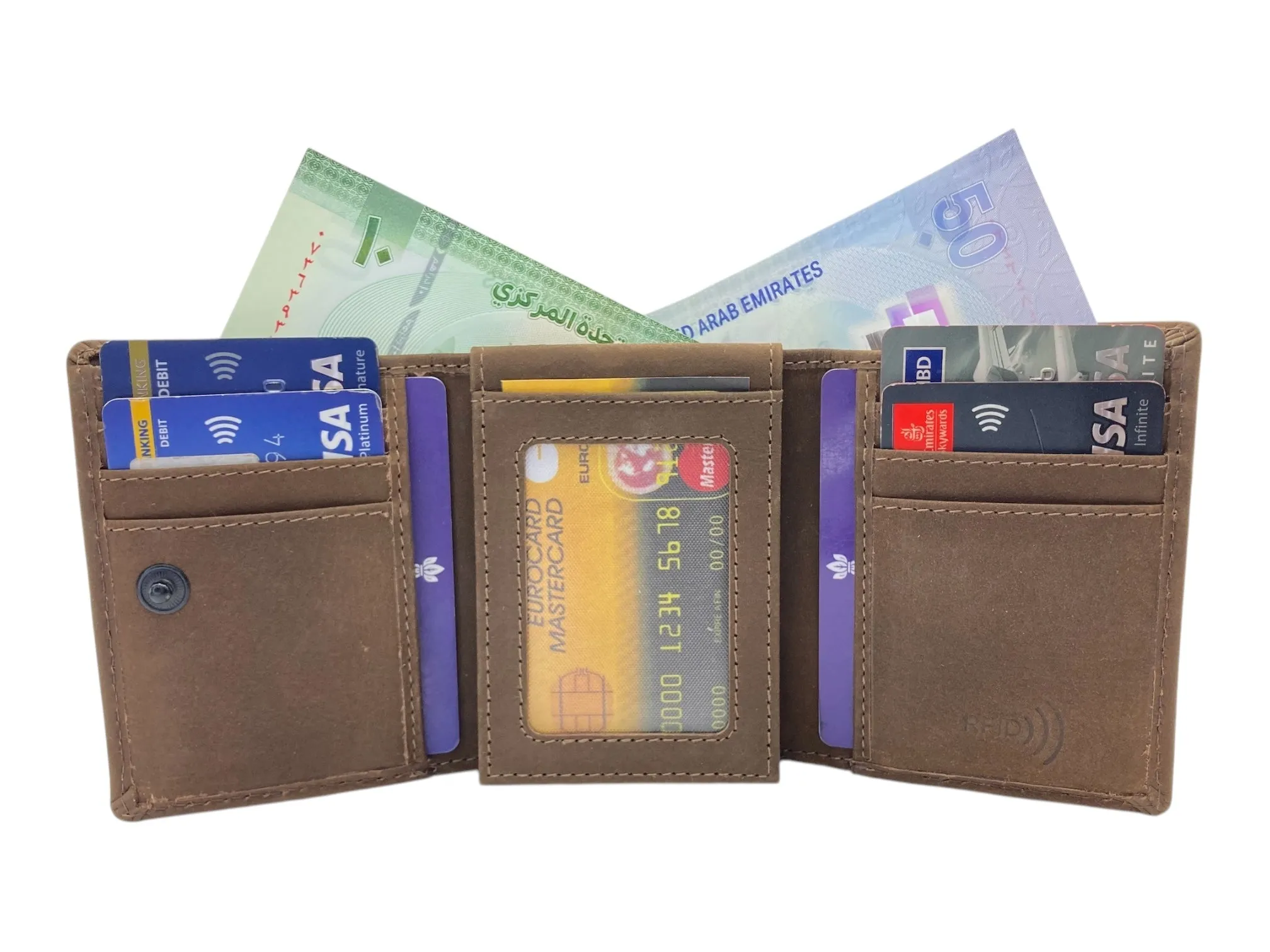 Trifold Wallet RFID Slim Wallets 10 Card Double Stitch # 1159 [Button]