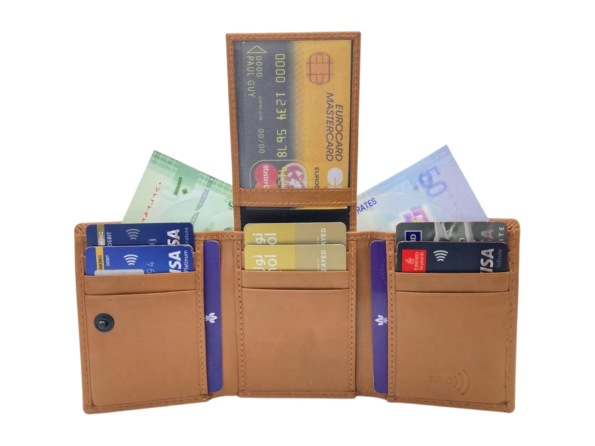 Trifold Wallet RFID Slim Wallets 10 Card Double Stitch # 1159 [Button]