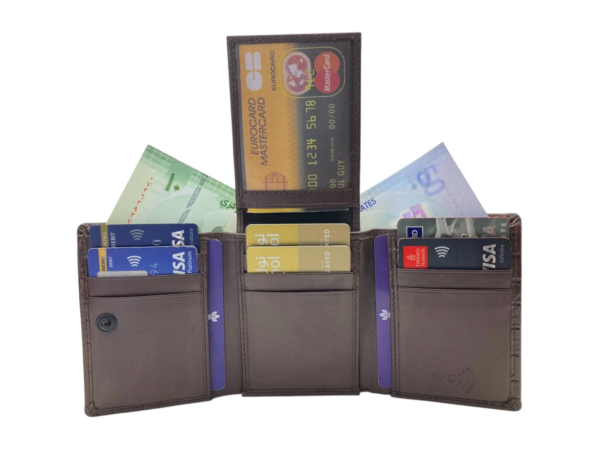 Trifold Wallet RFID Slim Wallets 10 Card Double Stitch # 1159 [Button]