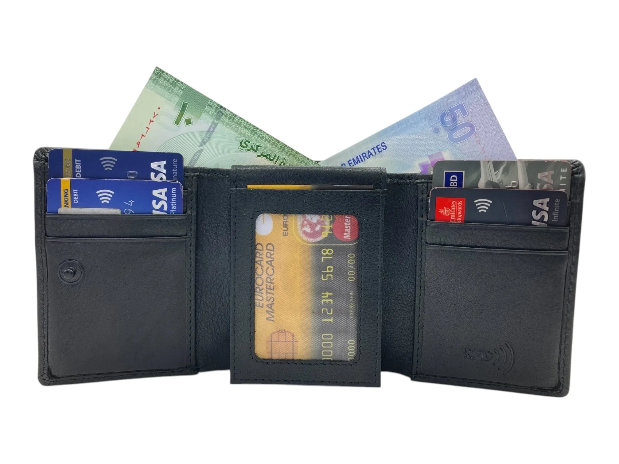 Trifold Wallet RFID Slim Wallets 10 Card Double Stitch # 1159 [Button]