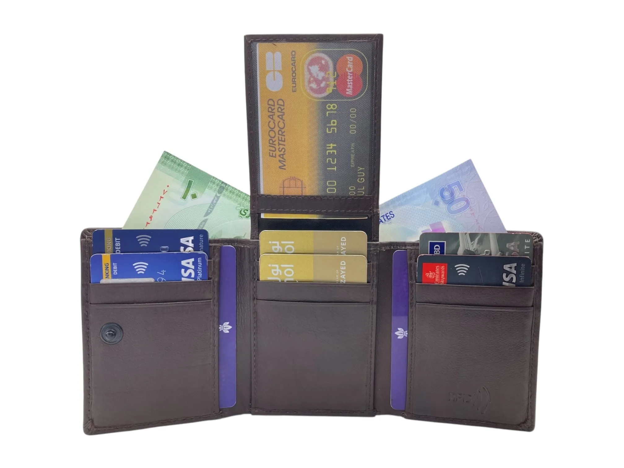 Trifold Wallet RFID Slim Wallets 10 Card Double Stitch # 1159 [Button]