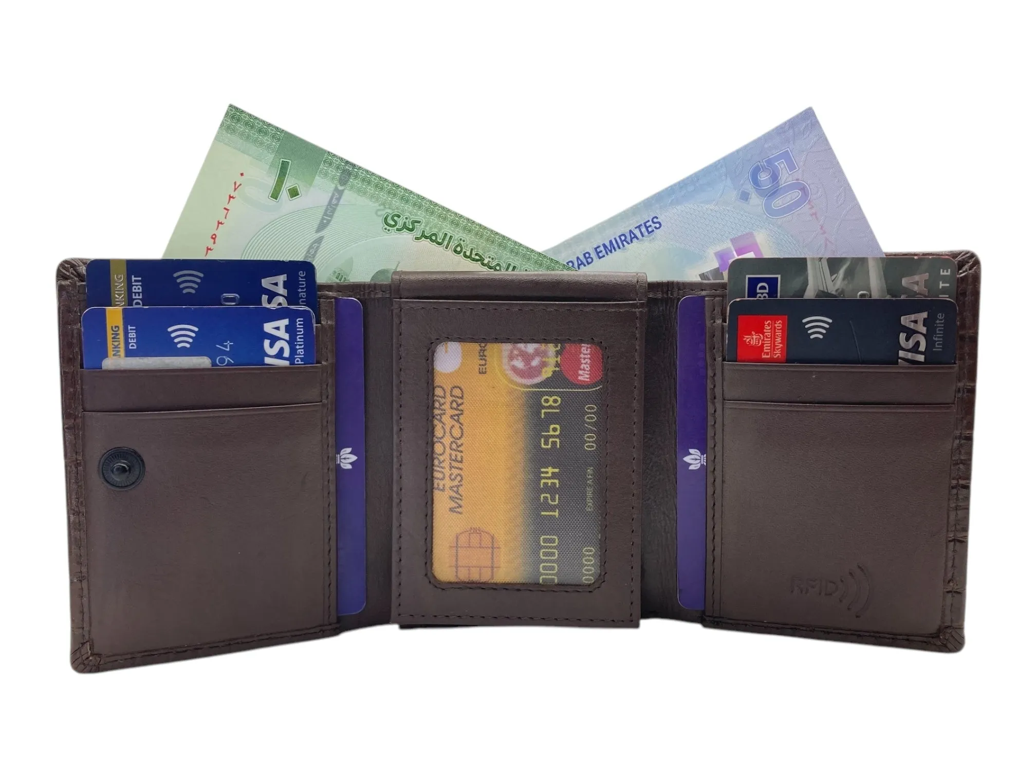Trifold Wallet RFID Slim Wallets 10 Card Double Stitch # 1159 [Button]